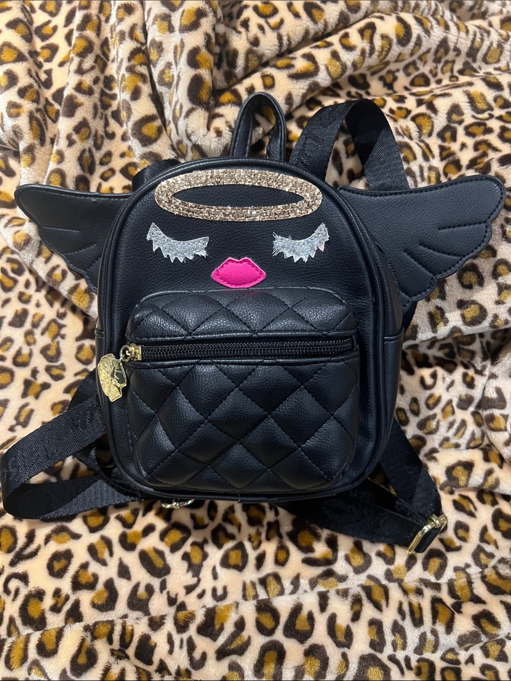 Betsy Johnson Black Quilted Angel Wing Mini Backpack